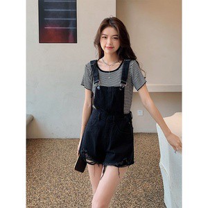 Bufa 2025 Women's Black Denim Shorts Jumpsuits Distressed High Rise Slimming A-Line Hot Short Black Overalls
