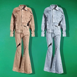 Denim Suit Asymmetric Cutout Women's Denim Short Jacket Flared Pants Two Piece Set