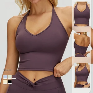 Custom Logo Seamless High Support Halter Neck Sexy Bra Women Workout Gym Fitness High Quality Backless Elastic Sports Yoga Bra