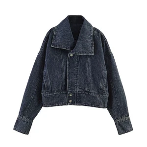 Custom Women's Cropped Denim Jacket Vintage Washed Blue-Black Jean Coat with Wide Lapel Collar