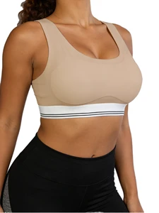 Women's Beige Racerback Sports Bra With White Stripe Medium Support Yoga Athletic Wear Seamless Breathable Design