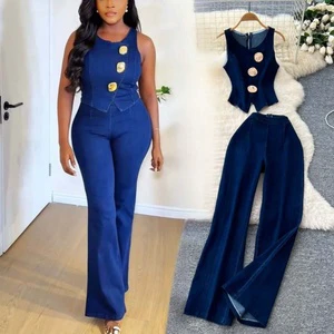 6631 Fashion Women's Denim Sets Sleeveless Metal Buckle Denim Tops and Wide Leg Jeans Pant 2 Piece Set Pants Set With Zipper
