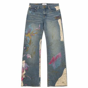 Custom Printed Men's Baggy Designer Denim Jeans Vintage Washed Straight Leg Pants Artistic Graphic Streetwear Embroidery Button