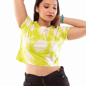 Plus Size Women's Poplin Collarless Tie Dye Crop T-Shirt Short Sleeve Cotton Blouse Casual Summer Top Front Logo High Quality