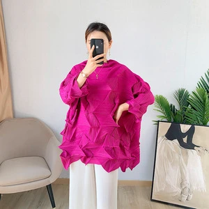 Stock Fast Shipping Women's Casual Shirt Pleated Irregular Fashion Unique Design Plus Size Miyake Pleated Top Summer 100%
