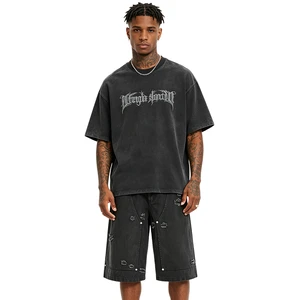 Vintage Ripped Layered Denim Cropped Shorts 100% Cotton Hip Hop Eco-Friendly Anti-UV Loose Straight Men's Running Set