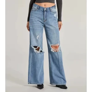 Direct Factory Supply Custom Women's Breathable Straight-Leg Casual Denim Jeans Wide-Leg Distressed Design