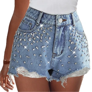 Women's High Waist Ripped Denim Shorts Summer Blue with Rhinestones Breathable Casual Style Wholesale Clothing