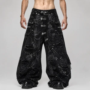 DiZNEW Heavy Distressed Multi Pocket Cargo Jeans Mens Acid Wash Baggy Wide Leg Denim Pants High Streetwear Gorpcore OEM ODM