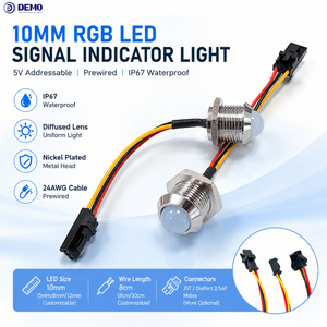 10mm Diffused Lens Nickel Plated Metal Head IP67 5V Prewired Full Color 24AWG Cable F10 RGB LED Signal Indicator Light
