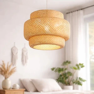Modern Handwoven Bamboo Pendant Light 30cm Boho Ceiling Lamp Natural Woven Lampshade Japandi Scandinavian Hanging Light