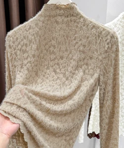 Women's High Neck Lace Hollow Knitted Base Long Sleeved Top, See Through Lightweight Interior for Commuting and Dating
