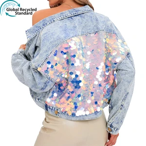 Custom Women's Oversized Vintage Denim Jacket Long Sleeve Cropped Coat With Fringe Sequin Embroidered Design