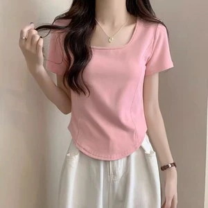 Women's Soft Stretch Square Neck Slim Top Curved Hem Seamed Detail Short Sleeve Casual Breathable Eco-Friendly Summer T-shirt
