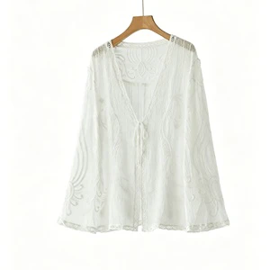 Vintage Women's Floral Crochet Lace Embroidered Tie-Front V-Neck Sun Protection Hollow Out Short Sleeve Beach Cover-Up