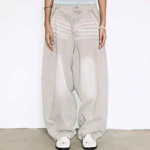 Women's Pants OEM/ODM Sand Gray Washed Denim Jeans Vintage Relaxed Fit Straight Leg Trousers Streetwear Factory Direct