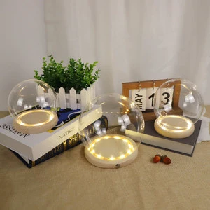 Battery Operated Led Light Up Round Clear Hand Blown Glass Cloche Globe Display Dome Glass Ball With Wooden Base And Led Lights