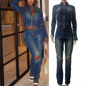 Ladies Streetwear Suits Matching Jeans Denim Two Pieces Sets