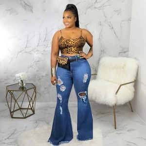 2026 Latest Design Fashion Plus Size Jeans Women Hole Slim Fit Denim Elastic Chubby Ladies Flare Jeans XL-5XL Denim Jeans