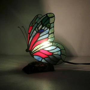 LongHuiJing Stained Glass Butterfly Lampshade Table Lamp with US/EU Plug E14/E12 Bedside LED Light for Bedroom