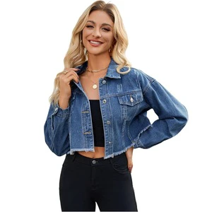Women's Autumn/Winter Regular Fit Button Cropped Distressed Frayed Denim Jacket Waterproof Windproof Casual