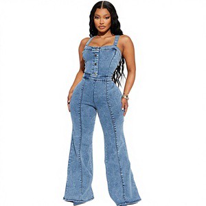 Women's Vintage Summer Street Wear Jumpsuit High Waist Sleeveless Flare Denim Overalls Button Decoration Washed Solid Pattern