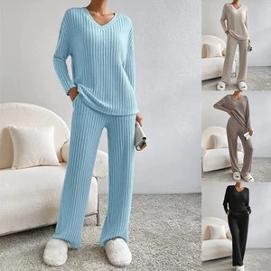 Casual Sets for Women 2 Pieces Autumn New Loungewear Loose V-Neck Long Sleeve Top and Pit Strip Knitted Straight Pants Suit