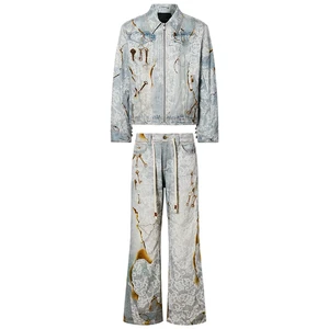 Custom Women Burn-out Lace Patchwork Denim Jacket and Jeans Set Vintage Key Graphic Printed Distressed Two Piece Denim Outfit