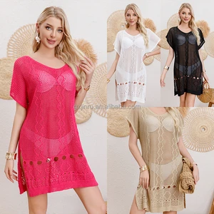 Jinru Customize Summer New Beach Bikini Swimwear Cover up Hollow Knitted Holiday Woman Beachwear Top Knit Cover up Dress