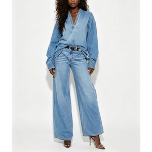 Clean Fit Denim Set Women Oversized V Neck Top Wide Leg Jean Pants Undefined Abbigliamento Donna Clothing Manufacturers