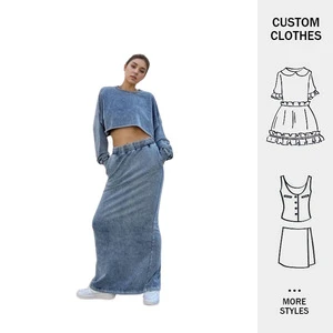 Customized Fashion Vintage Denim Long Round Neck Top With Same Color Long Skirt Two Piece Women's Daily Suit