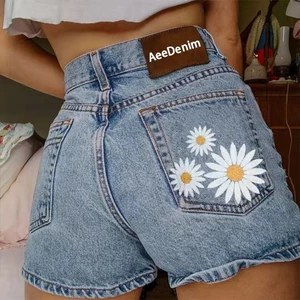 Women's Straight Denim Shorts with Printed Pockets Cropped Resort-style Streetwear Cute Summer Shorts