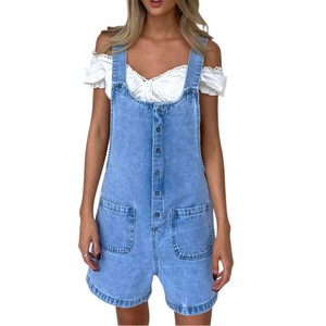 Women's Vintage Washed Denim Overall Shorts Sleeveless Button Front Romper with Pockets, Light Blue Bermuda Jumpsuit for Summer