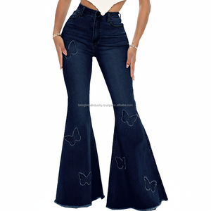 Hot Sale Women's High Waist Butterfly Embroidered Y2K Casual Streetwear Breathable Loose Flare Jeans Dark Blue Denim Bell Bottom