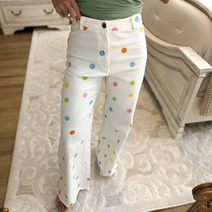 Custom Women's Pastel Polka Dot Comfort Stretch Wide Leg Jeans High Waisted Raw Hem Flare Denim Pants Manufacturer