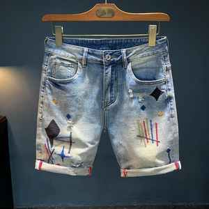 European Fashion Brand Denim Shorts Men's Perforated Straight Leg Summer Thin Style 2026 Summer Retro Quarter and Five Pants