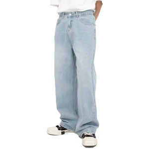 Custom Loose Fit Light Blue Wash Denim Plus Size Wide Leg Baggy Jeans Man