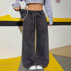 Custom Tween Girls Wide Leg Pants Street Style Black Loose Denim Pants Children's Drawstring Waist Casual Trousers Customized