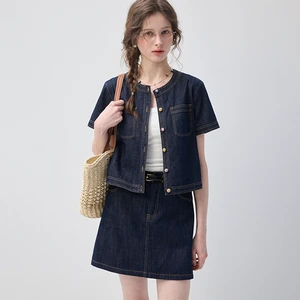 VEGA CHANG Light Blue Denim Two Piece Set for Women Short Sleeve Shirt and Frayed Hem Denim Shorts Casual Outfit