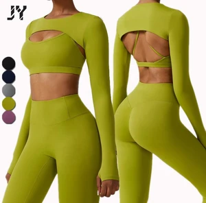 Joyyoung New Autumn and Winter Fashion Gym Wear Women Tights Crop Top 4 Pieces Seamless Long Sleeve Fitness Yoga Set