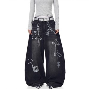 High Street Textured Washed Hip-Hop Straight Denim Cotton Jeans Women Fashion Brand Loose Wide-Leg Jeans