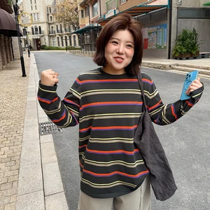 Spring and Autumn Casual Striped Loose Fit Versatile Knitted Long Sleeved Plus Size Women's T-shirt