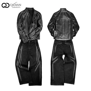 Factory Direct Custom Men's Denim Jacket & Jeans Set High Quality Breathable Y2K Style Spring Hooded Knitted Two Piece OEM