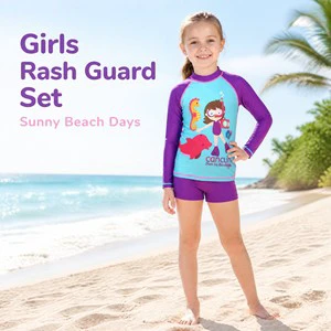 OEM Custom Floral Mermaid Print Long Sleeve Rash Guard Girls Swimwear Toddler Kids Summer Beach Bathing Suit