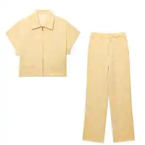 2025 New Summer Leisure Women's Plus Size Set 100% Cotton Black Two-Piece Slim Lapel Zipper Short Sleeve Coat & Wide Leg Pants