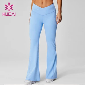 ODM HUCAI Custom logo Breathable Nylon Spandex V Shape High Waist Flared Legs Fitness Gym Flare Yoga Pants Leggings
