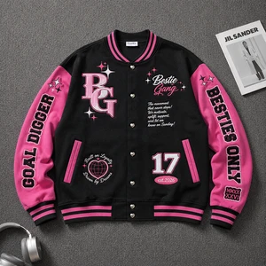Custom Print logo Embroidered Casual Varsity Jacket with Contrasting Leather Sleeves Oversize Bomber Baseball Jacket for Men