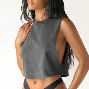 Casual Women's Acid Wash Crop Top Breathable Knitted Tank with Embroidered Design Plus Size Custom Logo Sexy Short Style