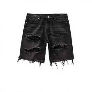 High End Customized Men's Denim Shorts, Fashionable Shorts with Straight Leg Holes and Knee Length Worn-out Denim Shorts