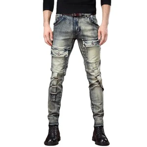 Vintage Distressed Men's Heavy Washed Denim Workwear Slim Tapered Raw Hem Casual Trousers Summer Pencil Pants Hole Decoration